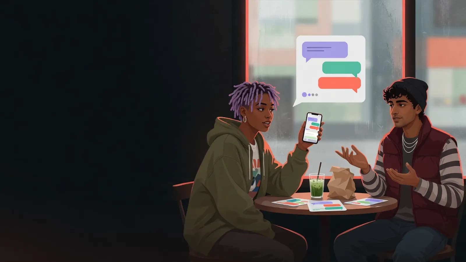 Illustration: Zwei Jugendliche sitzen im Café am Fenster. Eine Person hält ein Handy mit bunten Sprechblasen, die andere wägt mit einer Handbewegung zwei Seiten ab.