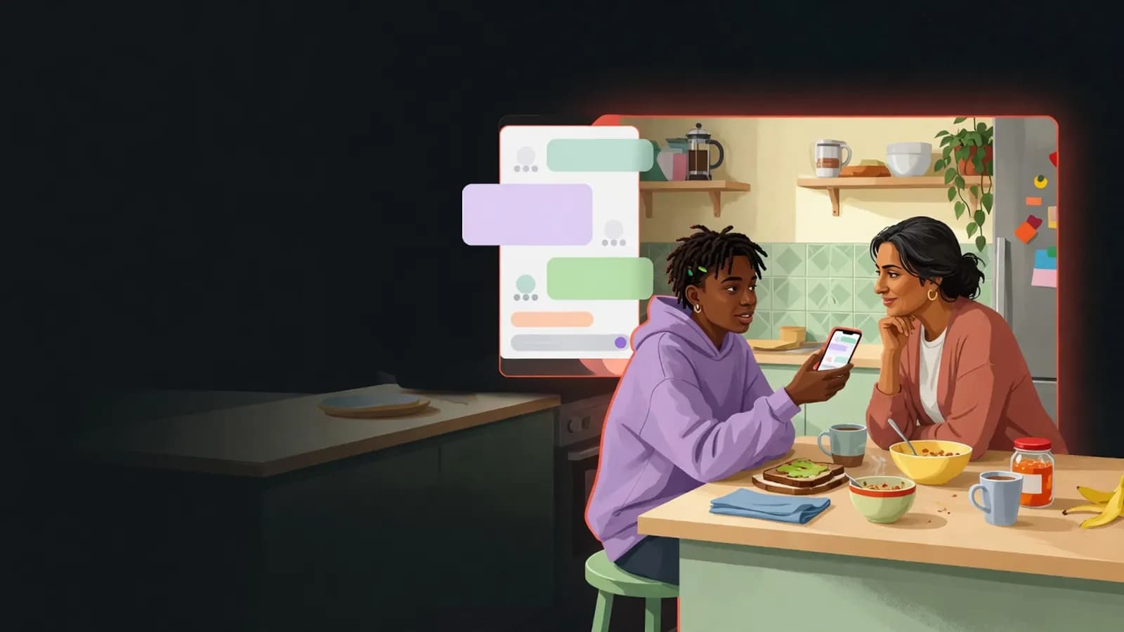 Illustration: In a bright family kitchen, a parent and a young teenager sit together at the counter. The teenager calmly shows something on a phone.