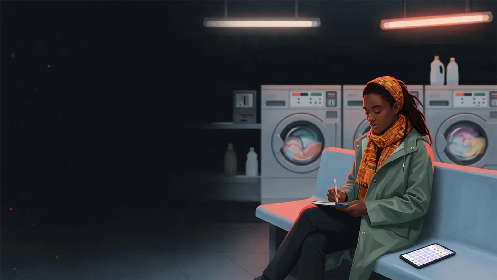 Illustration: Eine junge Person sitzt abends in einem ruhigen Waschsalon und schreibt in ein kleines Notizbuch. Neben ihr liegt ein Handy mit einem Kalender voller farbiger Punkte.
