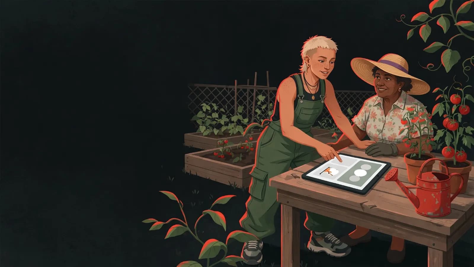 Illustration: A young person sits at a wooden table in an allotment garden next to an older relative in a sun hat, calmly showing her on a tablet how to report a group.
