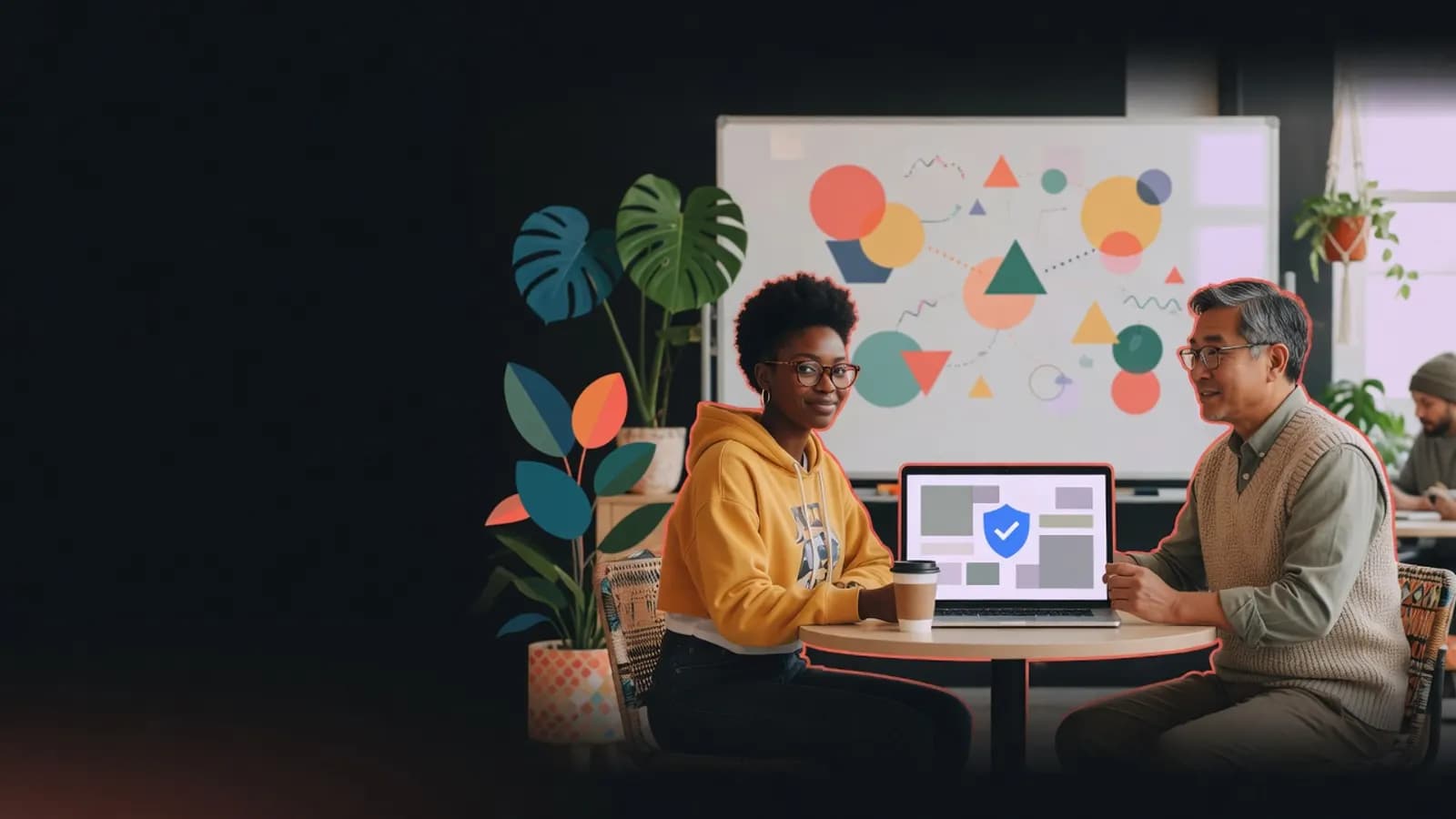 Illustration: A young professional with a short afro and round glasses sits with an older colleague at a small table in a bright coworking space. The laptop between them shows simple grey blocks and a shield symbol.