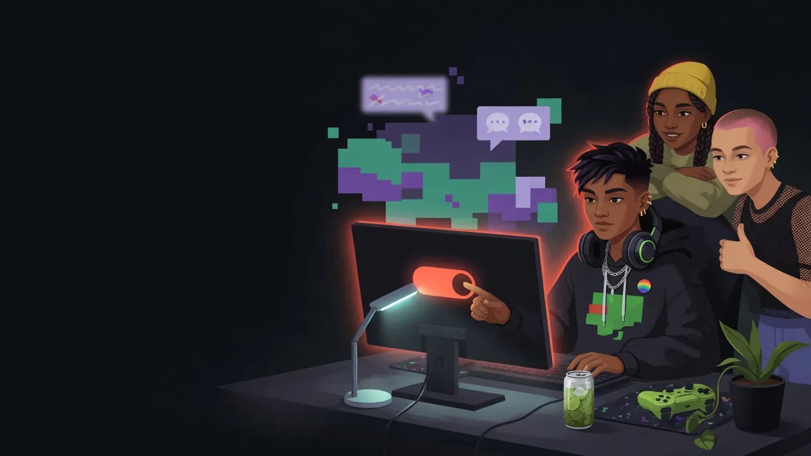 Illustration: Eine junge Person sitzt am Gaming-Schreibtisch, das Headset im Nacken, und schaltet auf dem Bildschirm ruhig einen Chat stumm.