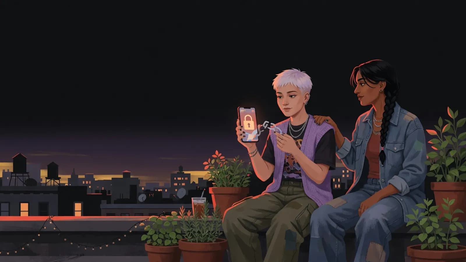 Illustration: Two young adults sit on a rooftop terrace among potted herbs in the evening sun. One holds a phone showing a padlock symbol, the other rests a reassuring hand on their shoulder.