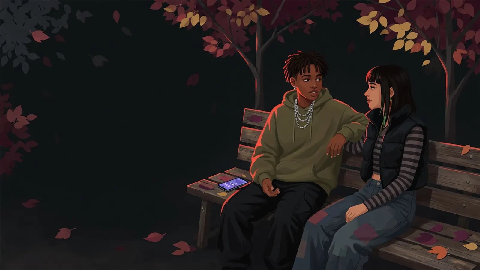 Illustration: Two young people sit on a park bench in autumn. One has placed their phone face down beside them and is talking, the other listens attentively.