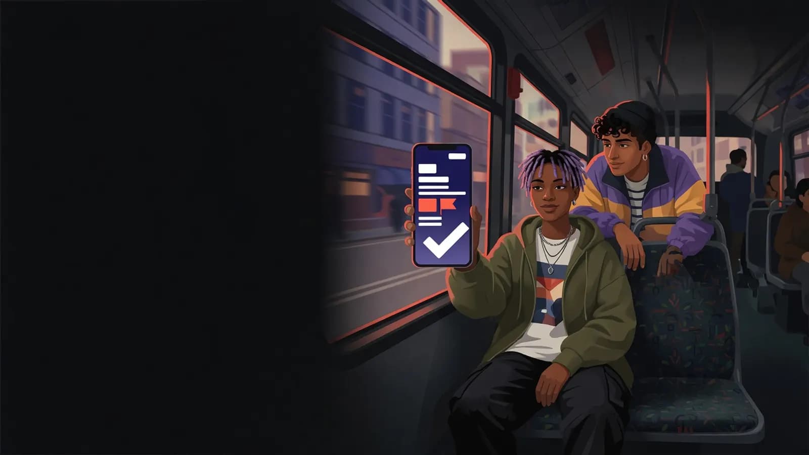 Illustration: Eine junge Person sitzt im Stadtbus am Fenster und hält ruhig ihr Handy mit einer schlichten Melde-Ansicht. Daneben beugt sich eine befreundete Person unterstützend zu ihr.