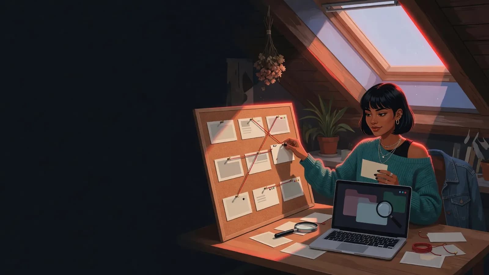 Illustration: Eine junge Frau mit schwarzem Bob sitzt in einem Dachzimmer am Schreibtisch und ordnet leere Karten zu einer Zeitleiste an einer Pinnwand. Auf ihrem Laptop sind Ordnersymbole zu sehen, daneben liegt eine Lupe.