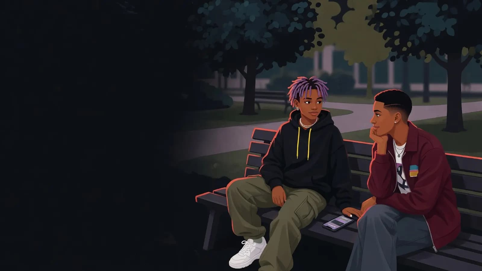 Illustration: Eine jugendliche Person sitzt im Park auf einer Bank neben einer vertrauten älteren Person, die zuhört. Das Handy liegt umgedreht zwischen ihnen.