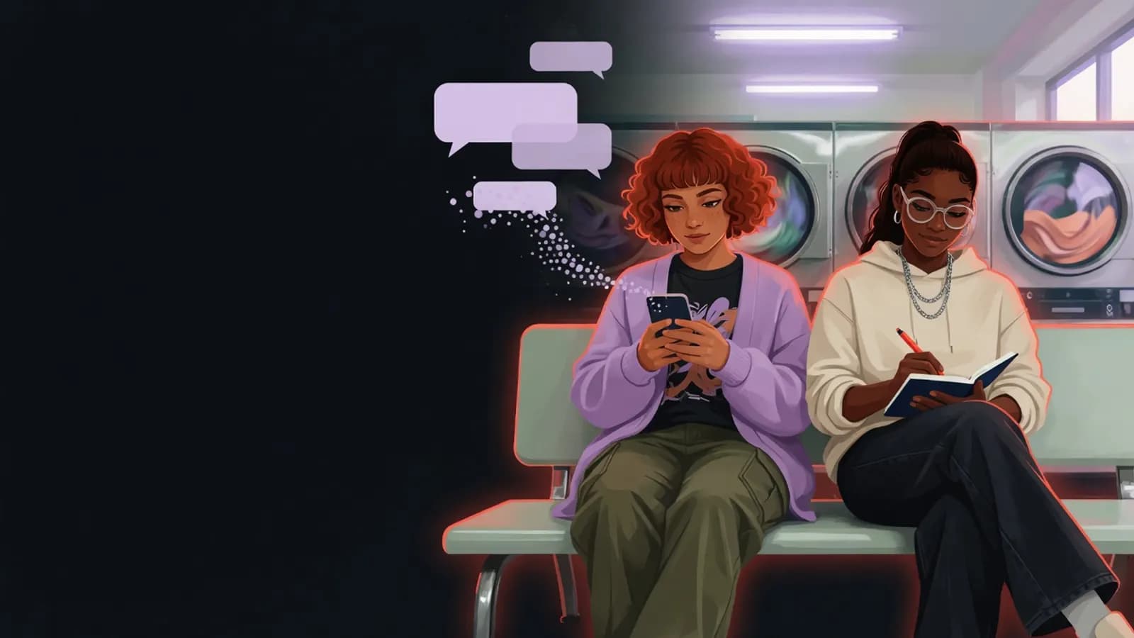 Illustration: Two teenagers sit on a bench in a laundromat. One holds a phone with fading chat bubbles, the other calmly writes in a notebook.