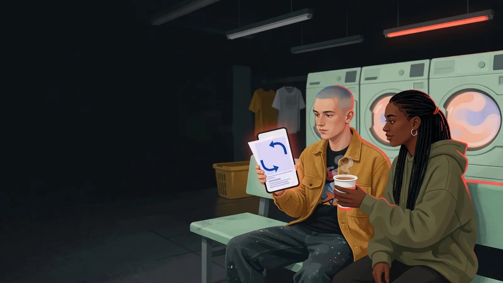 Illustration: A young man with a bleached buzz cut sits in a laundromat in the evening, thoughtfully looking at a phone showing a document symbol with a large undo arrow. A friend with long box braids hands him a coffee.