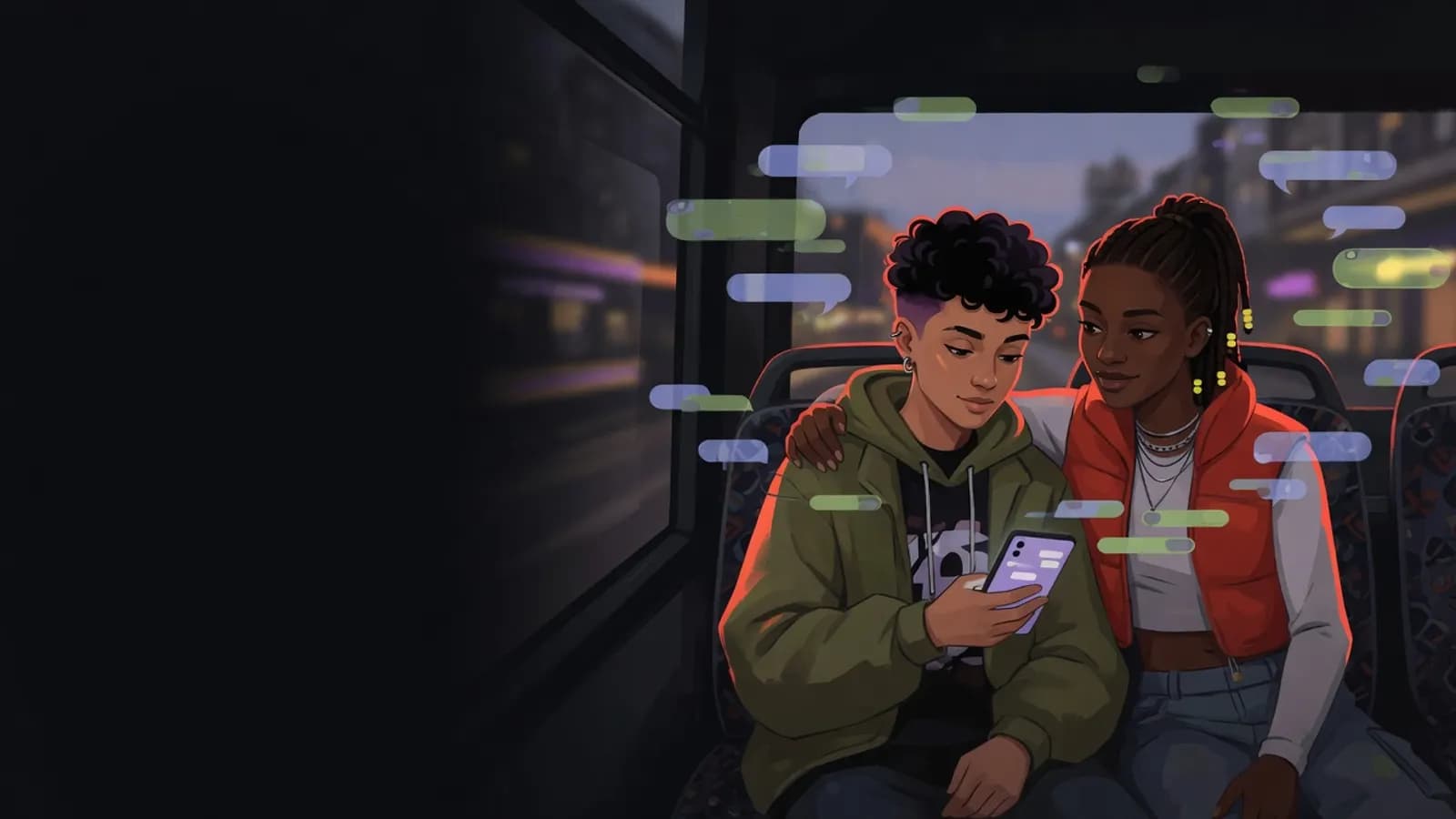 Illustration: On a bus, a teenager looks at their phone, where chat bubbles spread out like ripples. The person in the next seat rests a reassuring hand on their shoulder.