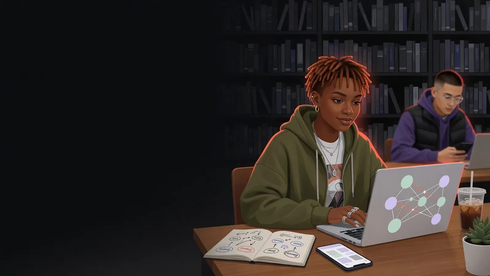 Illustration: Eine junge Person sitzt konzentriert an einem Tisch in einer Bibliothek. Auf ihrem Laptop ist ein abstraktes Netz aus verbundenen Kreisen zu sehen, daneben liegt ein Notizbuch.