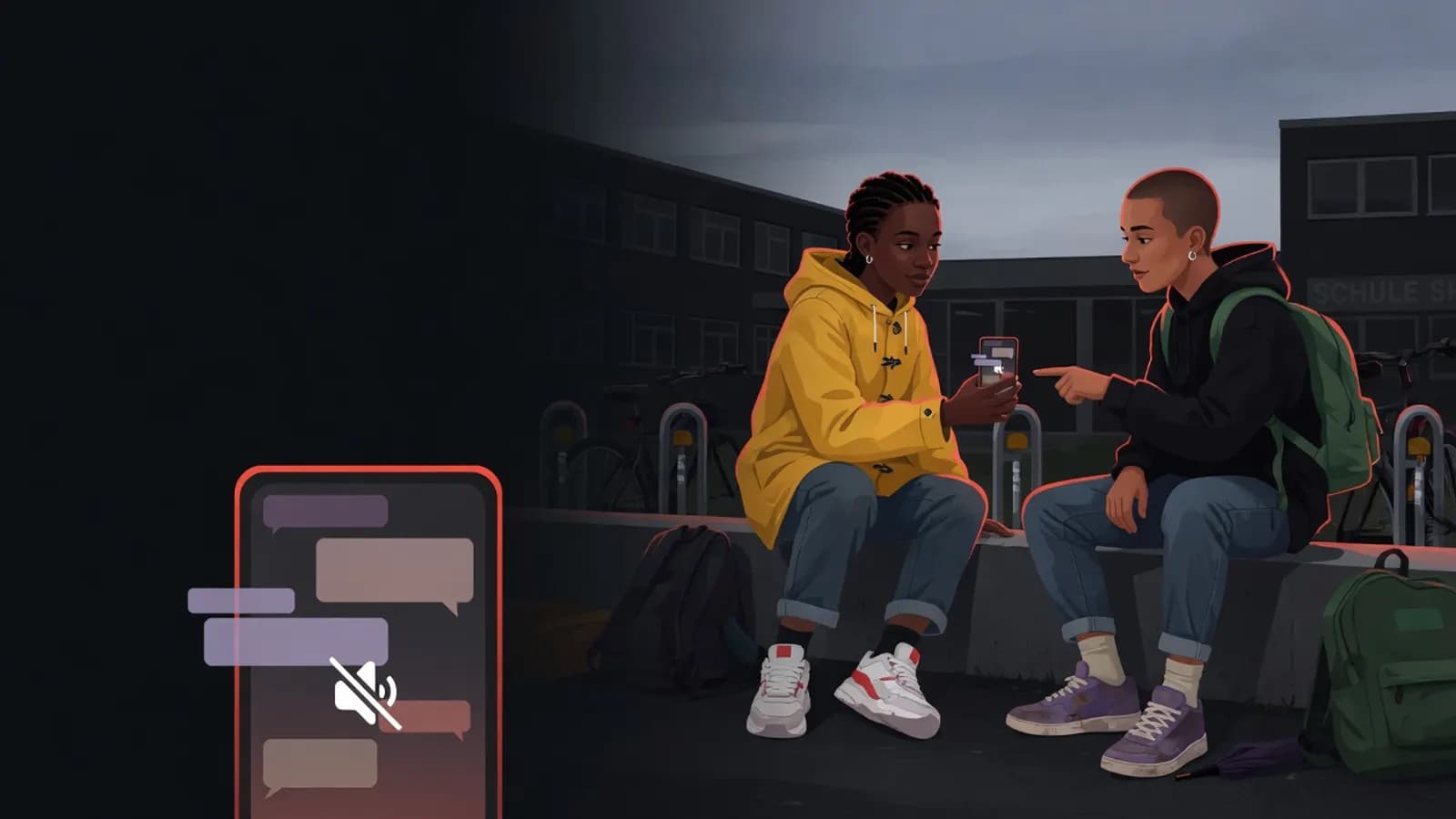 Illustration: Two teenagers sit on a low wall next to the bike racks outside school after lessons, looking together at a phone showing a muted group chat.