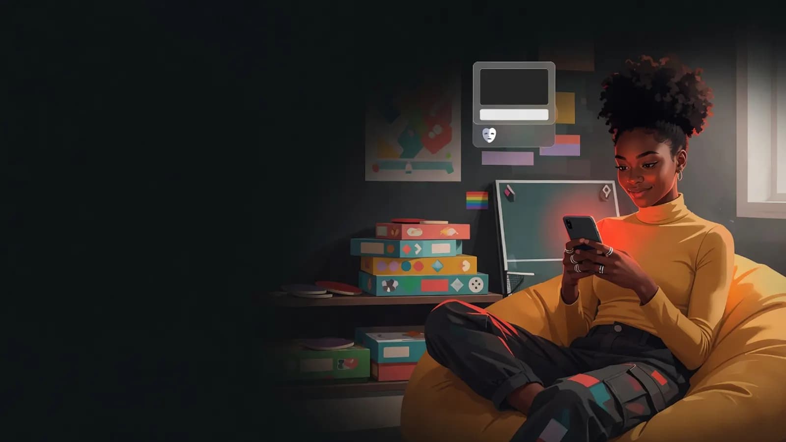 Illustration: A young person sits on a beanbag in a youth centre, holding a phone with a form that shows an empty name field and a small mask icon.