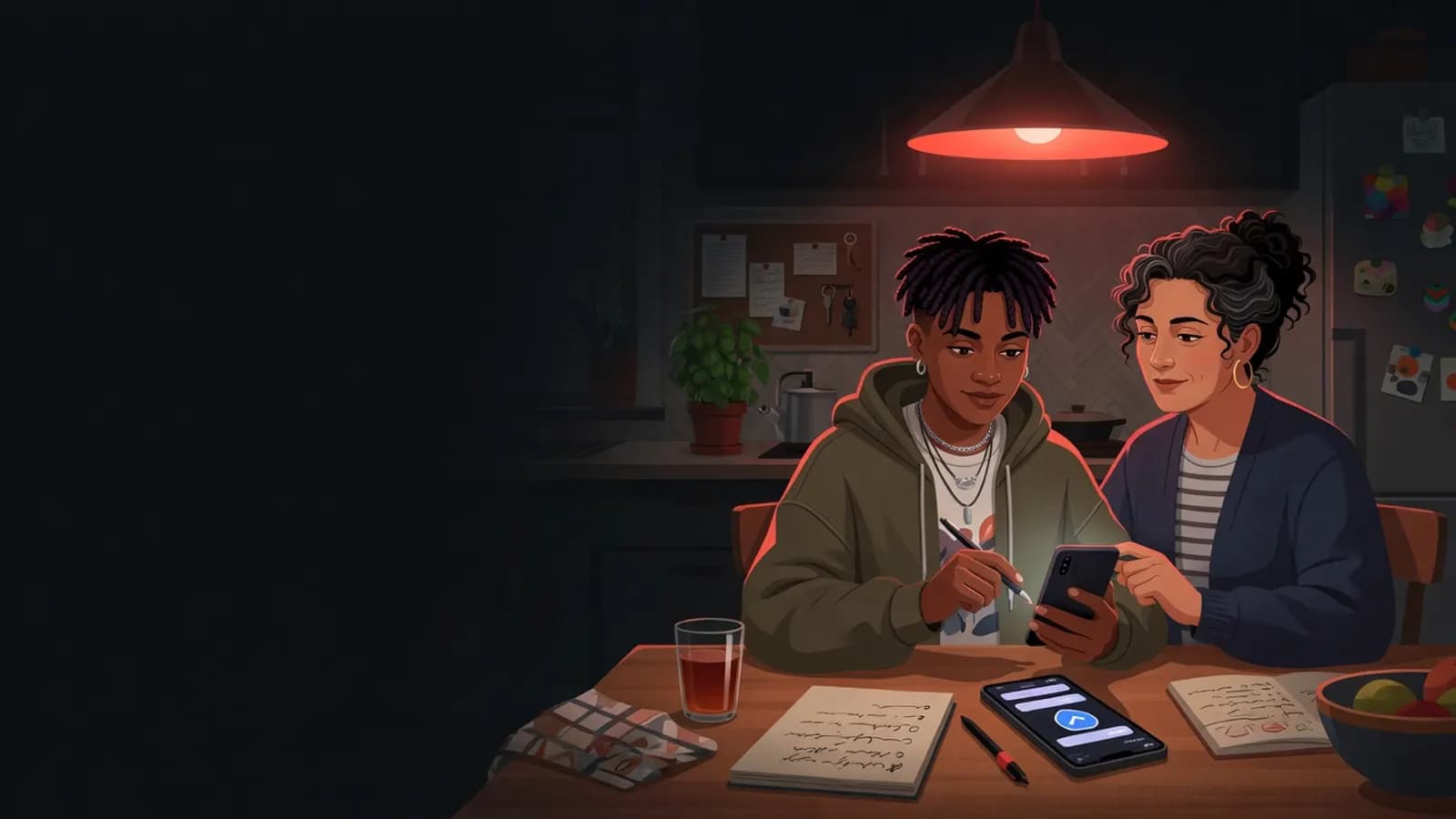 Illustration: Am Abend sitzt eine junge Person mit einem Elternteil am Küchentisch. Gemeinsam gehen sie ruhig ein Handy mit einem Chat und einem Schutzschild-Symbol durch, daneben liegen Notizblock und Stift.