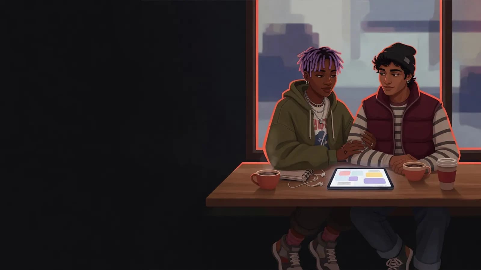 Illustration: Zwei Freundinnen oder Freunde sitzen in einem Café am Fenster. Eine Person legt der anderen die Hand auf den Arm, gemeinsam schauen sie auf ein Tablet.