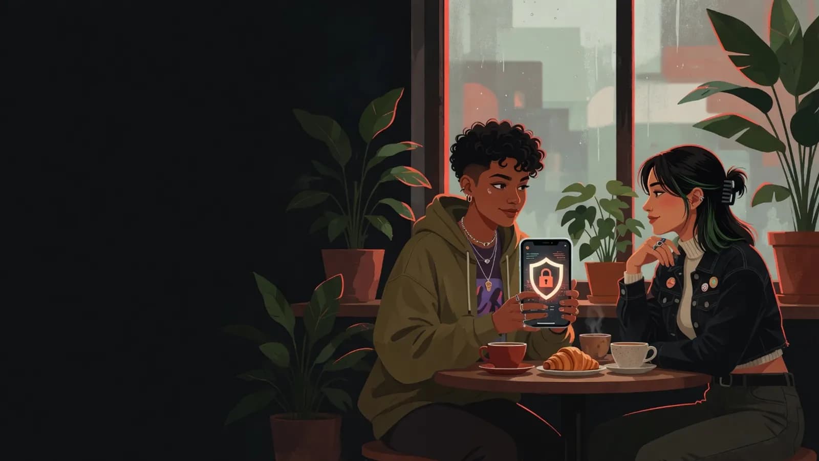 Illustration: Two young women sit at a window table in a quiet café. One holds a phone showing a shield icon, the other listens supportively.