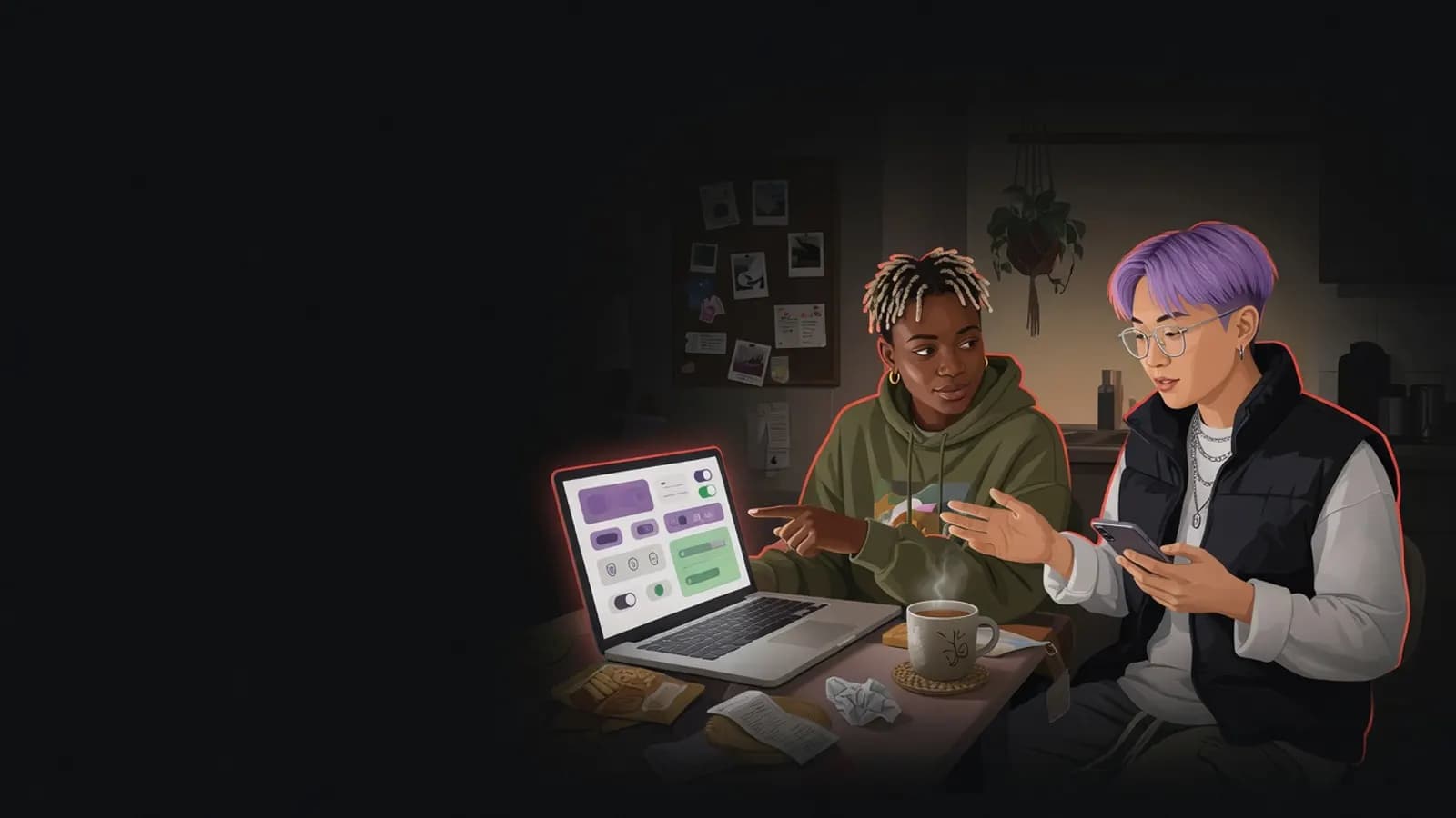 Illustration: Two young adults sit side by side in a shared-flat kitchen, going through privacy settings on a laptop and a phone together.