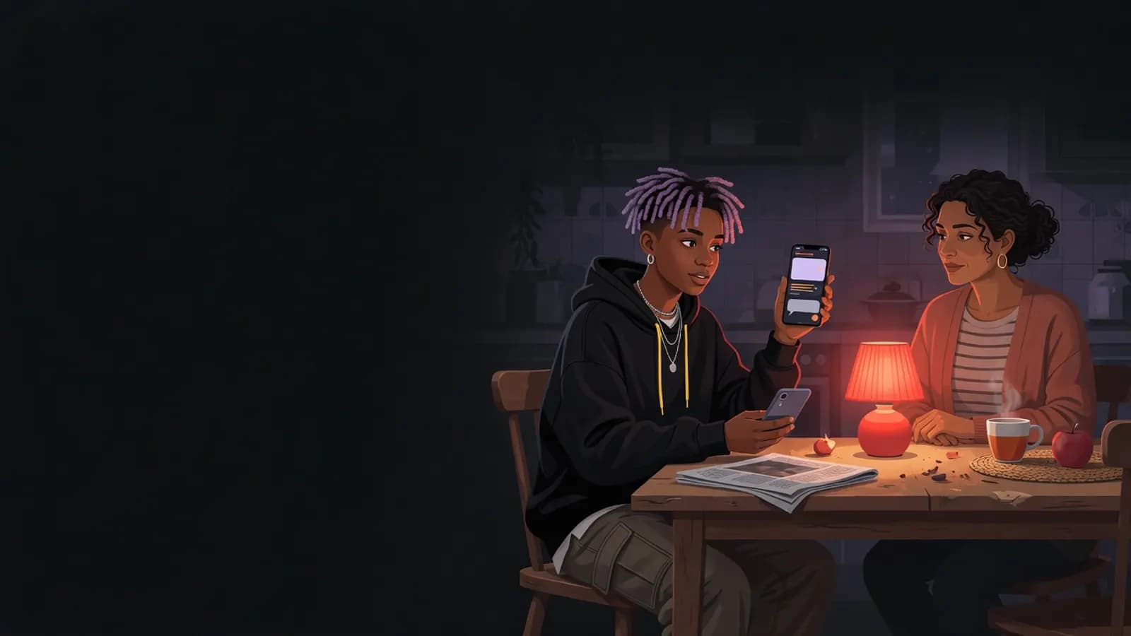 Illustration: Ein Teenager und ein Elternteil sitzen abends nebeneinander am Küchentisch. Der Teenager zeigt etwas auf dem Handy, das Elternteil hört aufmerksam zu.