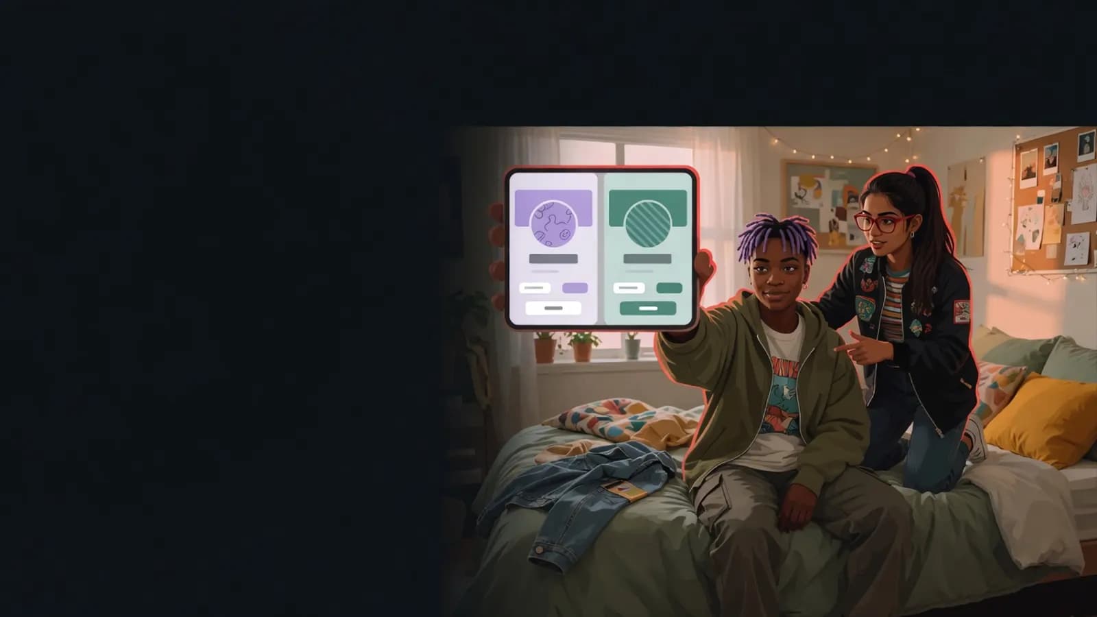 Illustration: A young person sits on a bed in a bright room holding a phone that shows two nearly identical profile cards. A friend next to them points at one of the cards.