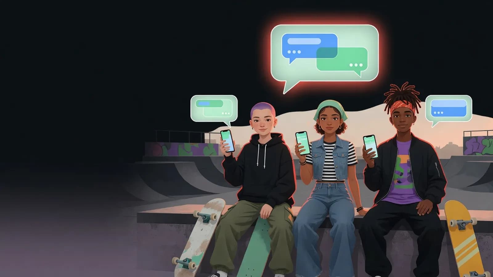 Illustration: Drei Jugendliche sitzen an einem sonnigen Nachmittag auf einer Mauer im Skatepark. Auf ihren Handys sind grüne und blaue Sprechblasen zu sehen, über ihnen leuchtet eine größere Sprechblase.