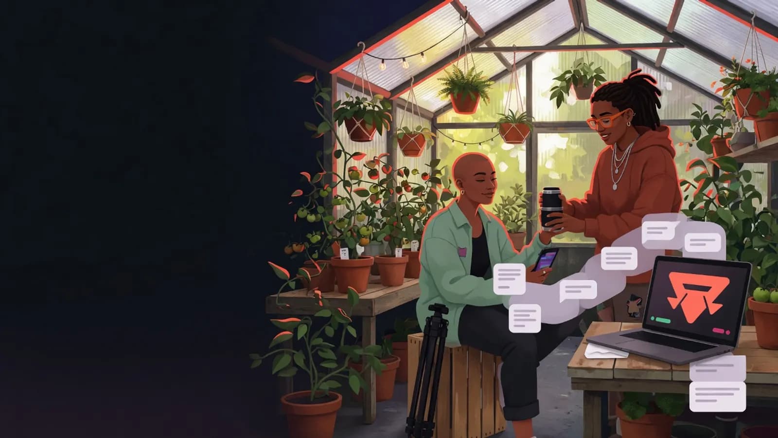 Illustration: A young creator takes a break in a greenhouse, phone face down on their knee, while a friend hands them a cup. A laptop shows abstract comments passing through a filter.