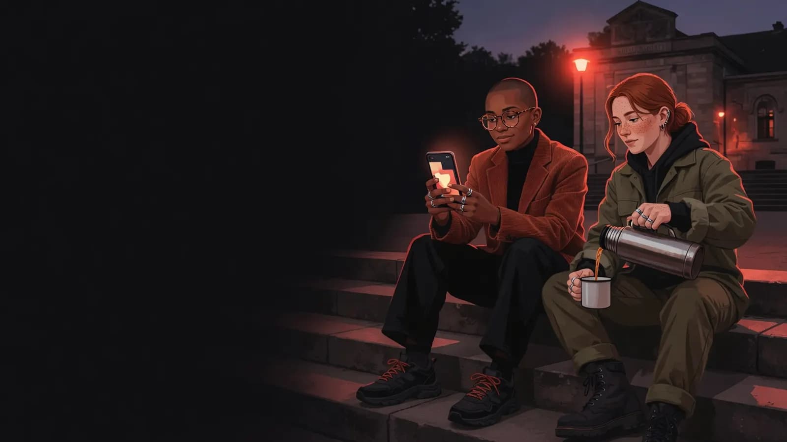 Illustration: A young local councillor sits on the steps outside the town hall at dusk, looking at their phone. Next to them, a volunteer firefighter pours tea from a thermos.
