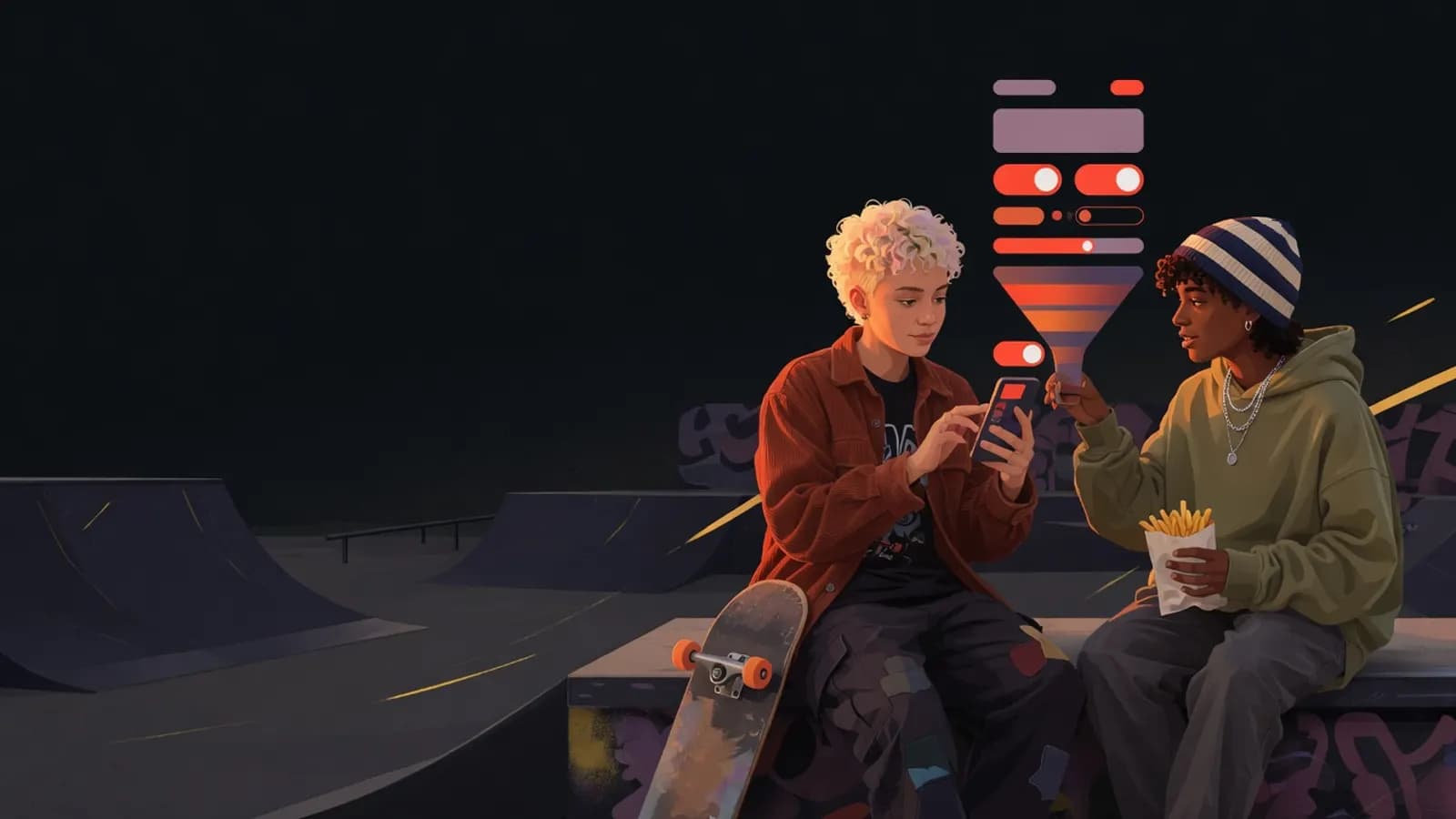 Illustration: A young person sits on a ledge at a skatepark in the evening, calmly adjusting filters and switches on a phone, with a friend in a beanie nearby.
