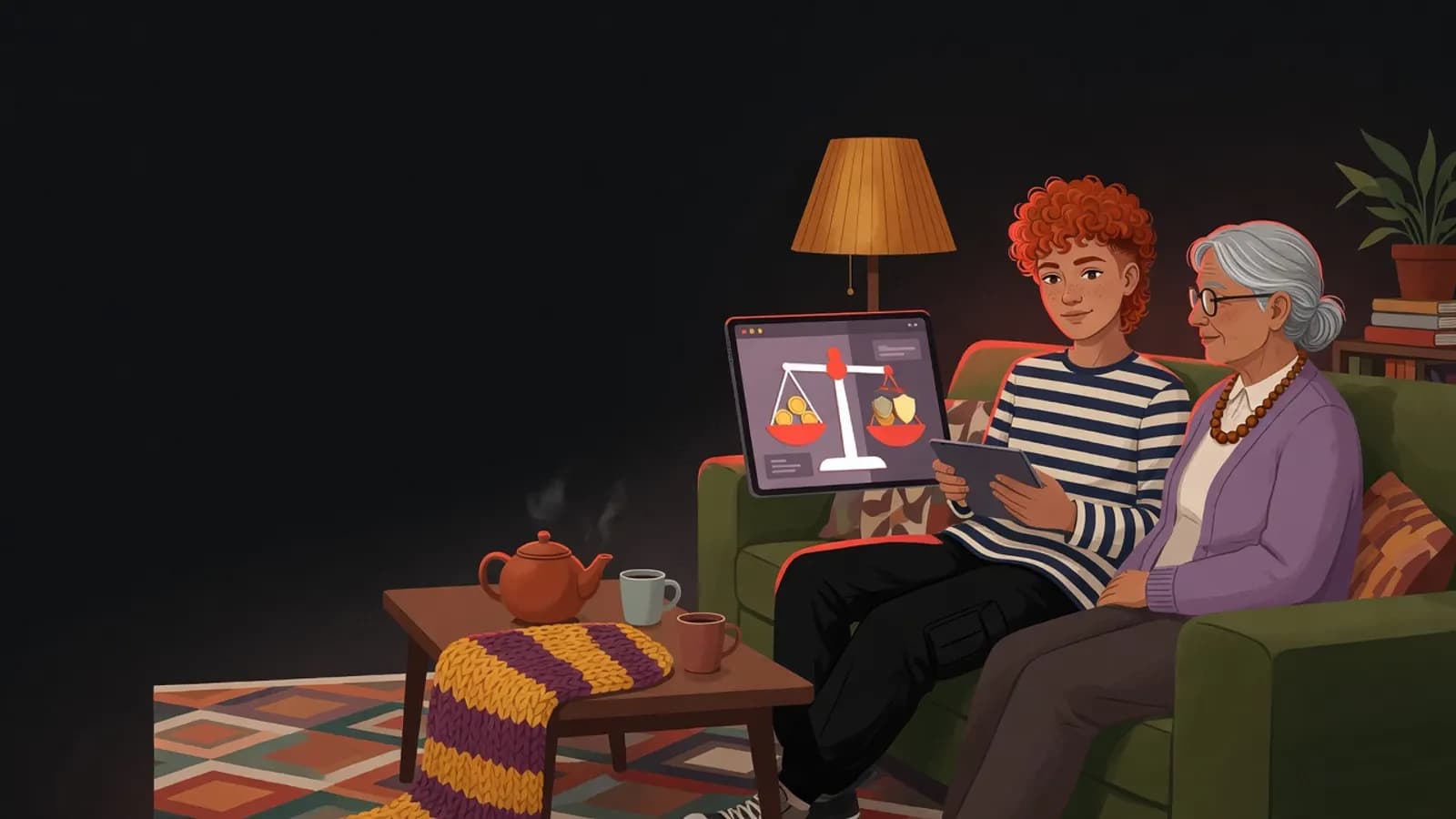 Illustration: Eine junge Person mit lockigem, kupferrotem Haar sitzt abends mit einem Großelternteil auf dem Sofa. Beide schauen ruhig auf ein Tablet mit einer Waage und einigen Münzen.