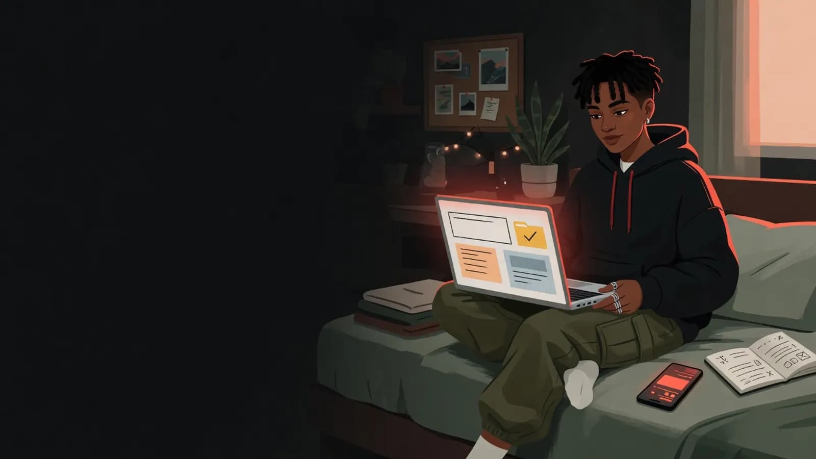 Illustration: Eine junge Person sitzt im Schneidersitz auf dem Bett und füllt am Laptop ein Formular aus. Neben ihr liegen ein Handy und ein Notizbuch mit Häkchen.