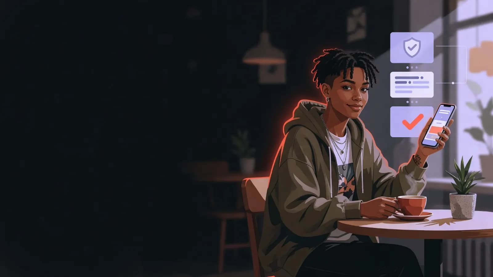 Illustration: A young person sits in a bright café looking at their phone, which shows a simple screen with three stacked cards and a check mark.