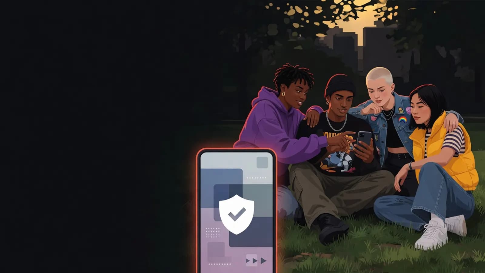 Illustration: Eine Gruppe junger Freundinnen und Freunde sitzt im Park auf der Wiese. Eine Person schaut aufs Handy, die anderen rücken unterstützend näher.