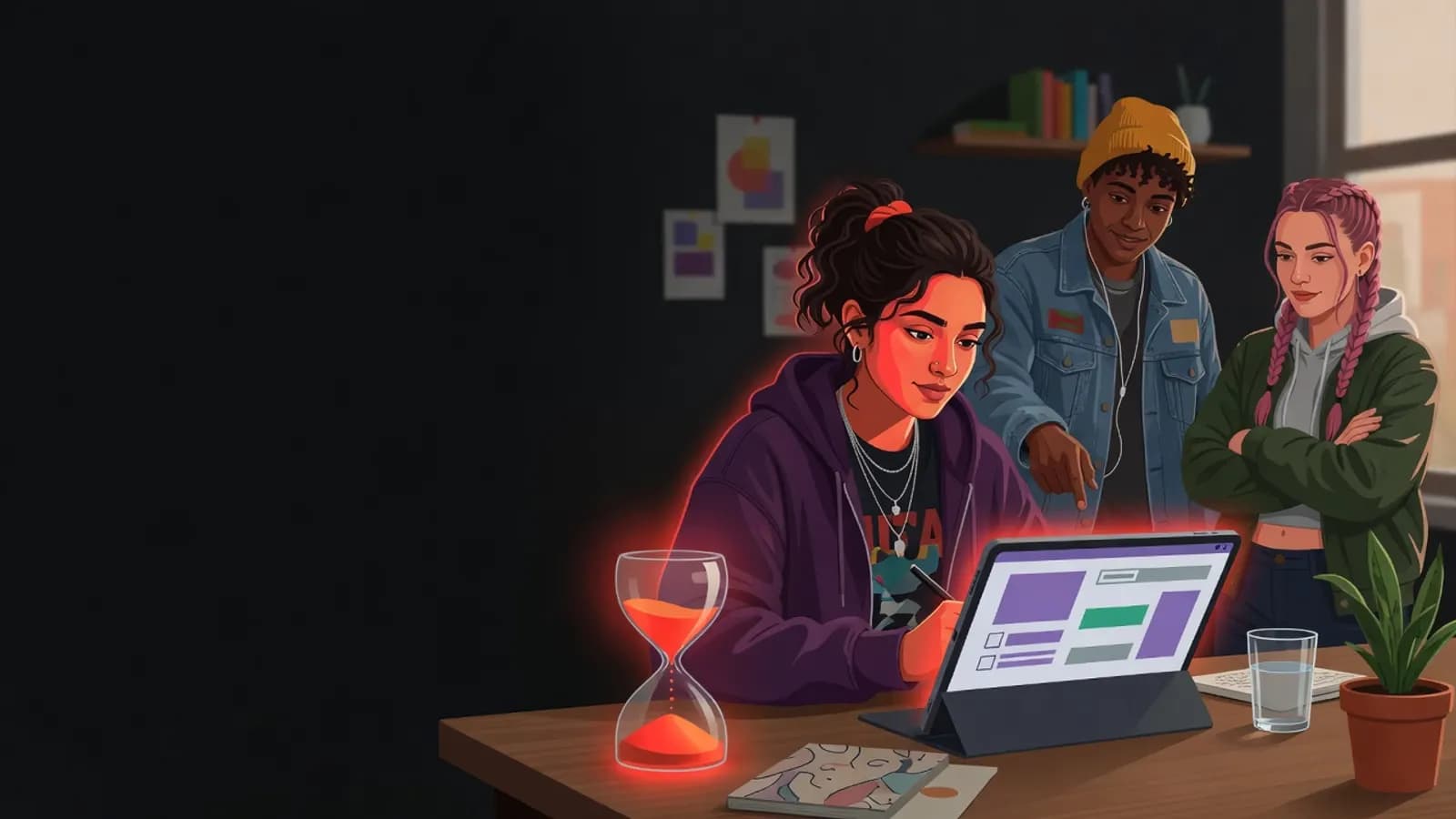 Illustration: A young woman in a purple hoodie fills in a form on a tablet at a desk, a glowing hourglass with red sand beside her. Two friends stand behind her, looking on supportively.
