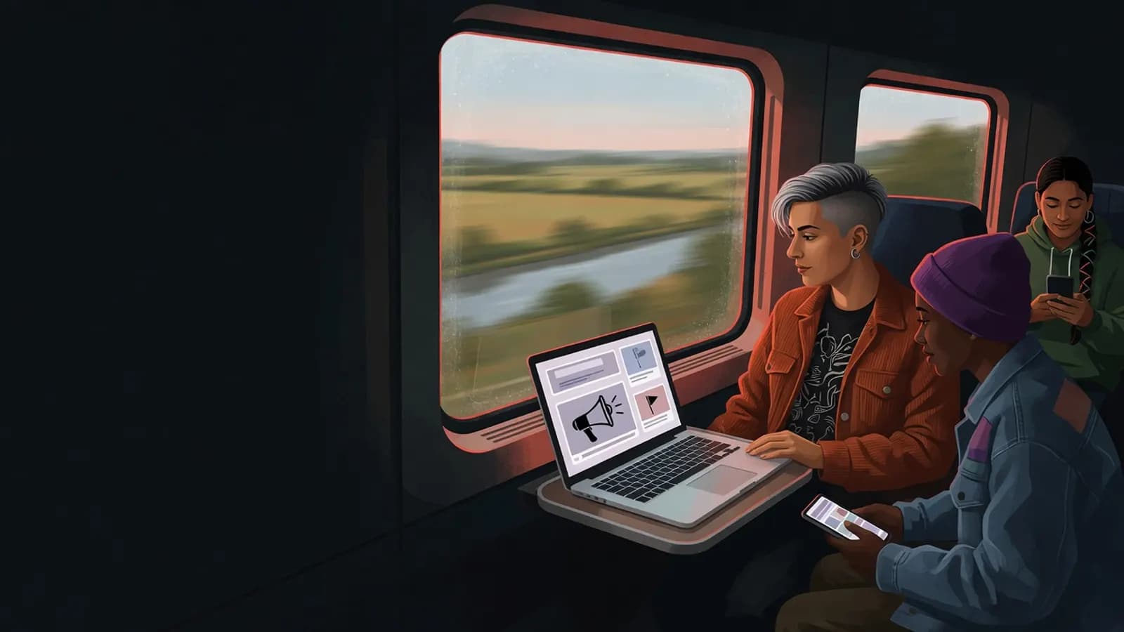 Illustration: A young person sits by the window of a regional train, calmly reporting a post in an abstract channel on a laptop while fields pass by outside.