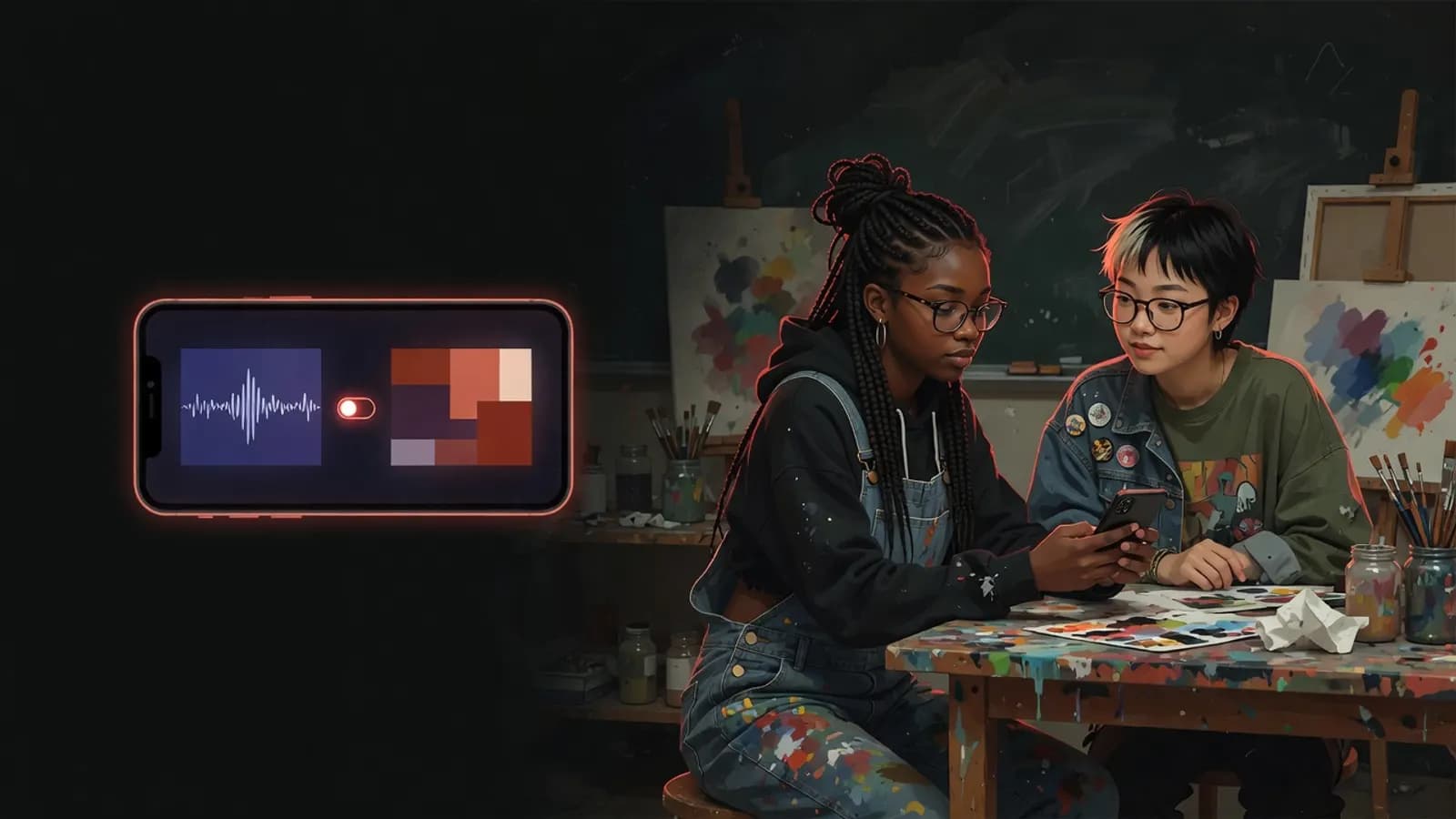 Illustration: Two teenagers sit at a paint-splattered table in a school art room after class, calmly looking at a phone showing two video tiles side by side.