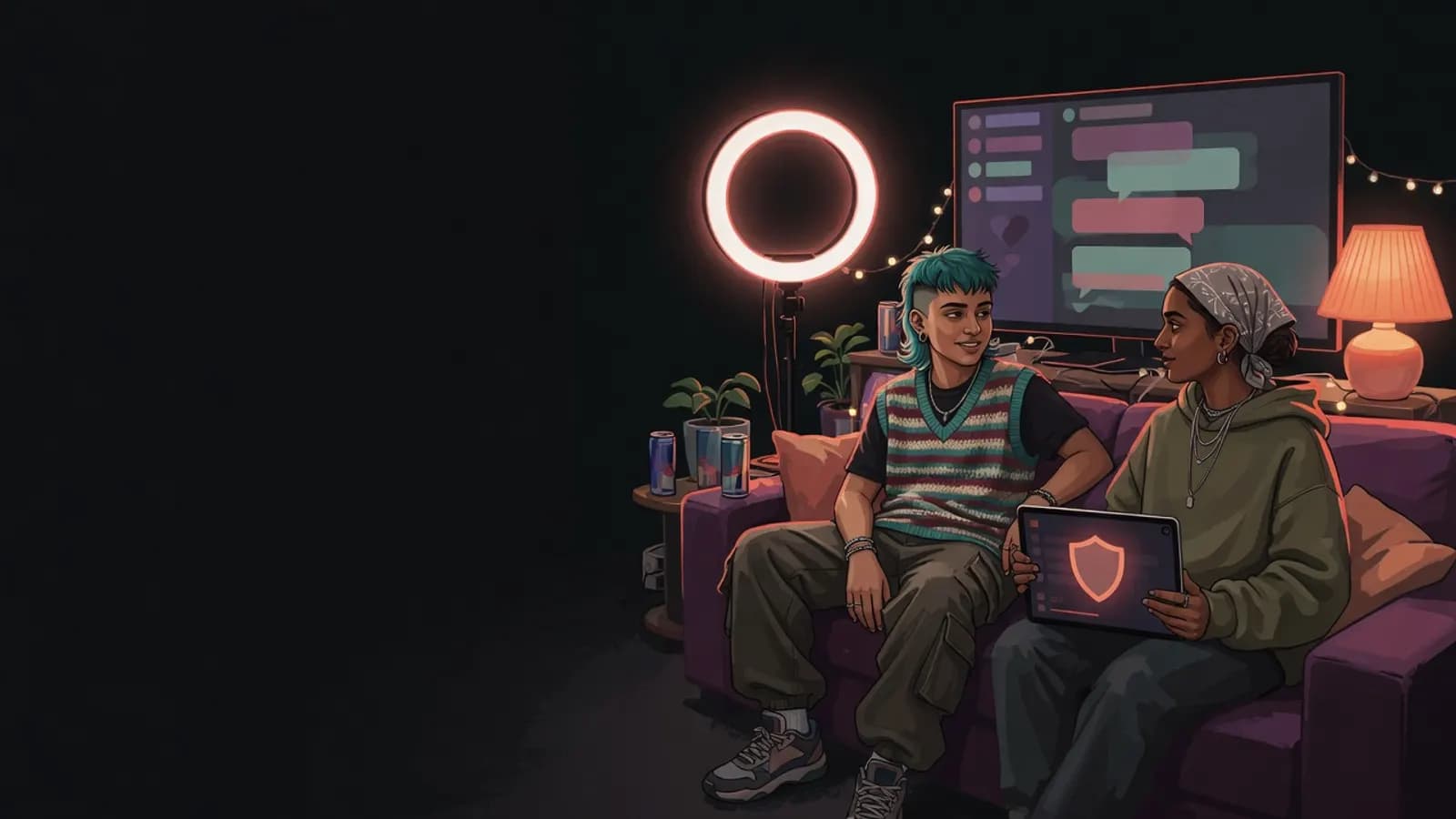 Illustration: A young person streams from a living-room sofa while a friend sits beside them as moderator, holding a tablet with a shield icon.