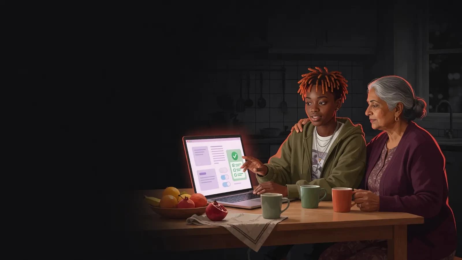 Illustration: Eine junge erwachsene Person sitzt mit einer älteren Angehörigen am Küchentisch. Beide schauen ruhig auf einen Laptop mit schlichten Dokument- und Checklisten-Symbolen.