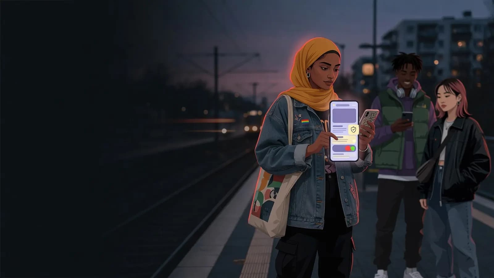 Illustration: A young person in a mustard-yellow headscarf stands at a tram stop at dusk, calmly switching on a protective setting on their phone.