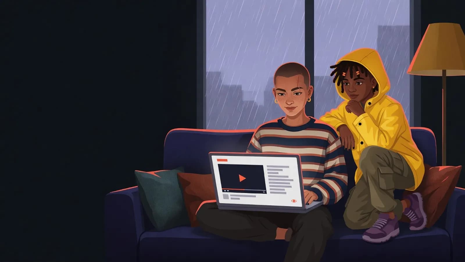 Illustration: Eine junge Person sitzt an einem verregneten Nachmittag mit dem Laptop auf dem Sofa und blendet ruhig Kommentare unter einem Video aus, ein jüngeres Geschwisterkind schaut von der Armlehne zu.