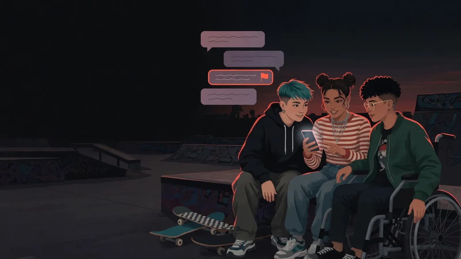 Illustration: Drei Jugendliche sitzen am Rand eines Skateparks zusammen. Eine Person zeigt den anderen ein Handy, auf dem ein Kommentar mit einer kleinen Fahne markiert ist, die anderen schauen aufmerksam zu.