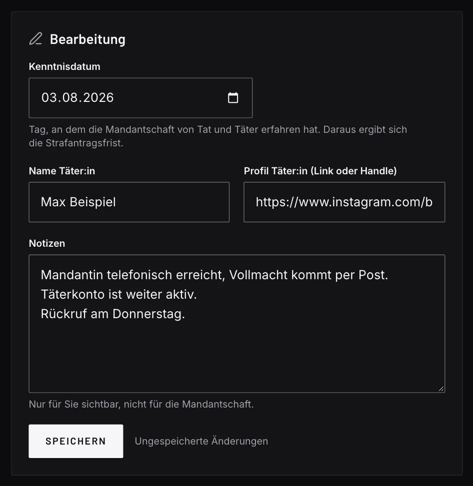 Screenshot der Fallbearbeitung mit Demodaten: Eingabefelder für das Kenntnisdatum sowie Name und Profil der Täterin oder des Täters, ein Feld für interne Notizen und eine Auswahl für den Status.