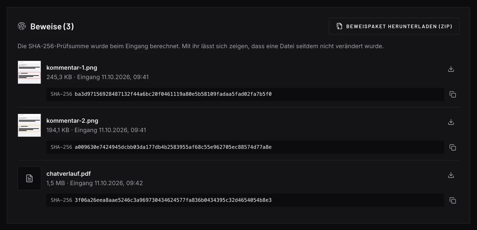 Screenshot des Beweisbereichs mit Demodaten: Vorschaubilder mehrerer Screenshots, je Datei der SHA-256-Prüfwert und der Zeitpunkt der Übernahme ins Portal, dazu Schaltflächen für das Beweispaket als ZIP und die PDF-Fallakte.