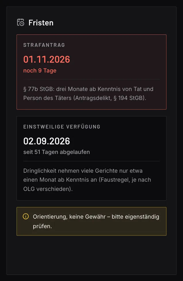 Screenshot der Fristenansicht mit Demodaten: die berechnete Strafantragsfrist mit Datum und verbleibenden Tagen in farbiger Markierung, ein Hinweis zur Dringlichkeit einer einstweiligen Verfügung und der Vermerk „Orientierung, keine Gewähr“.