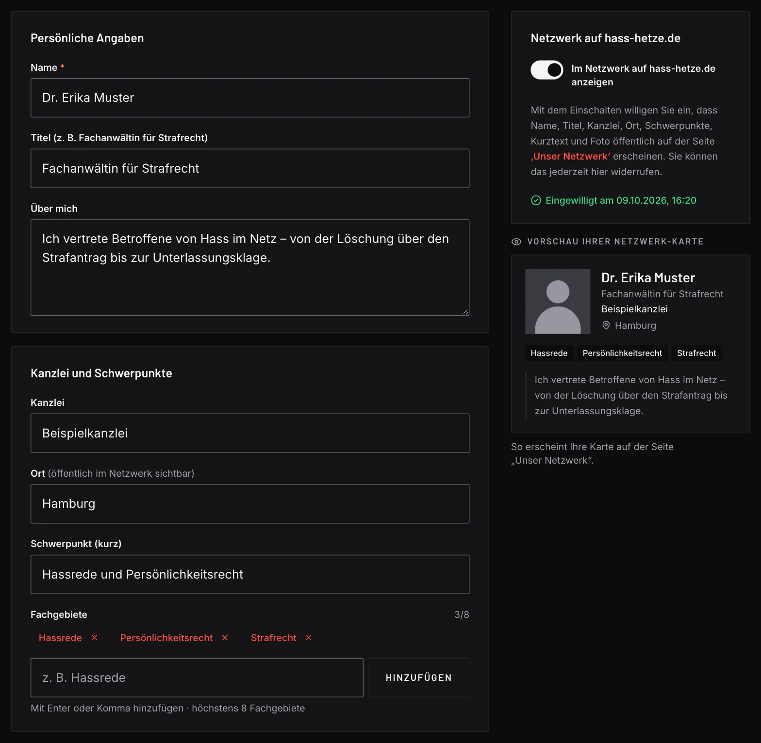 Screenshot des Kanzleiprofils mit Demodaten: Eingabefelder für Kanzleiname, Anschrift, Telefon und E-Mail für den Briefkopf sowie die Angaben für das Netzwerkprofil und die Zustimmung zur Listung.