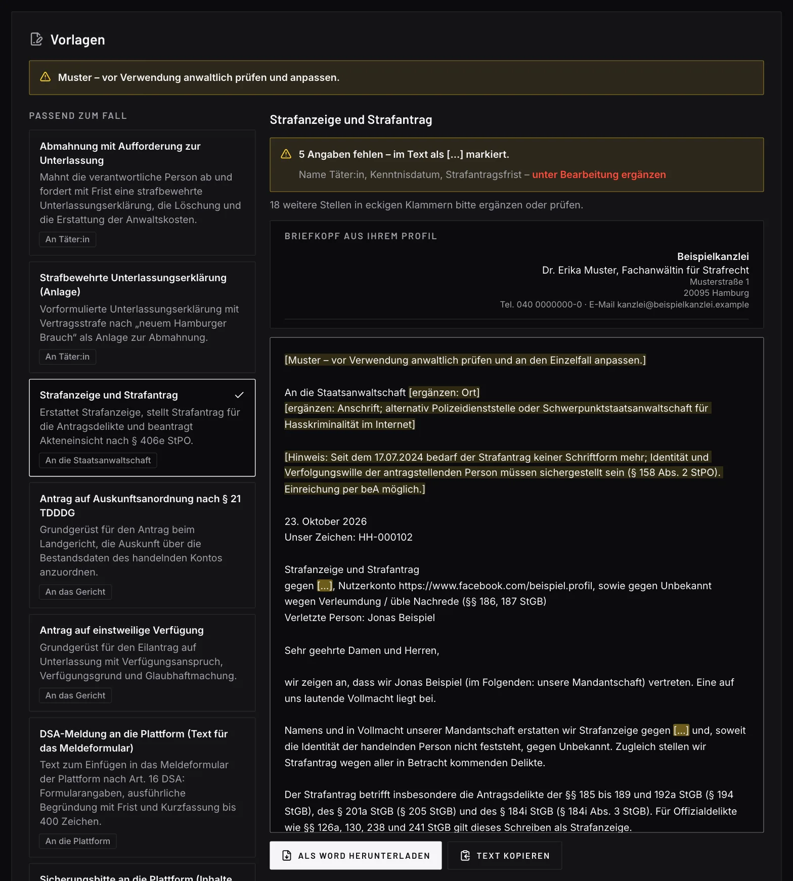 Screenshot der Musterschreiben mit Demodaten: die Liste der Vorlagen und ein geöffnetes Schreiben mit eingesetzten Fall- und Kanzleidaten, fehlende Angaben farbig markiert, dazu die Schaltfläche für den Download als Word-Datei.