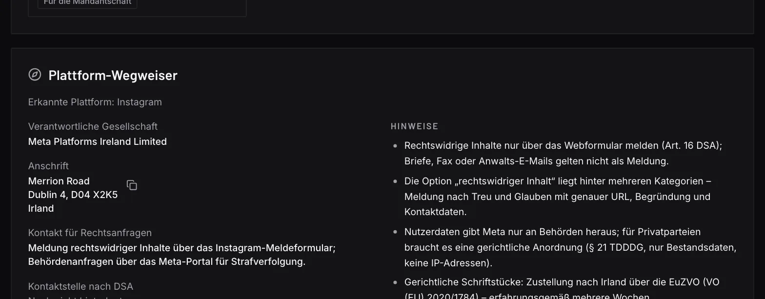 Screenshot des Plattform-Wegweisers mit Demodaten: zur erkannten Plattform die verantwortliche Gesellschaft, ihre Anschrift, ein Link zum Formular für rechtliche Meldungen und kurze Hinweise.